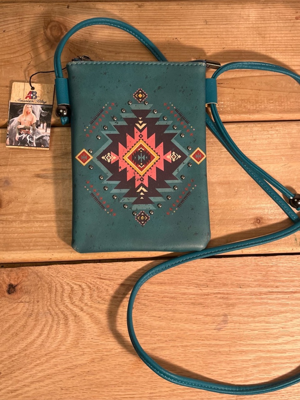 American Bling Crossbody Wallet Western Aztec Rhinestone Stud Teal Cowgirl NWT